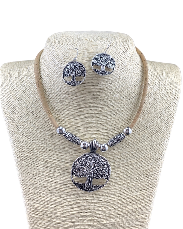 AS6915 NATURAL SILVER ANTIQUE TREE OF LIFE SHORT NECKLACE SET