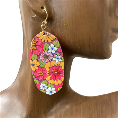 B8E2741-1 PINK OVAL FLORAL WOODEN EARRINGS