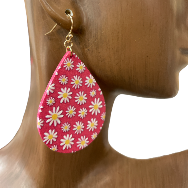 B8E2754-2 PINK TEARDROP DAISY WOODEN EARRINGS
