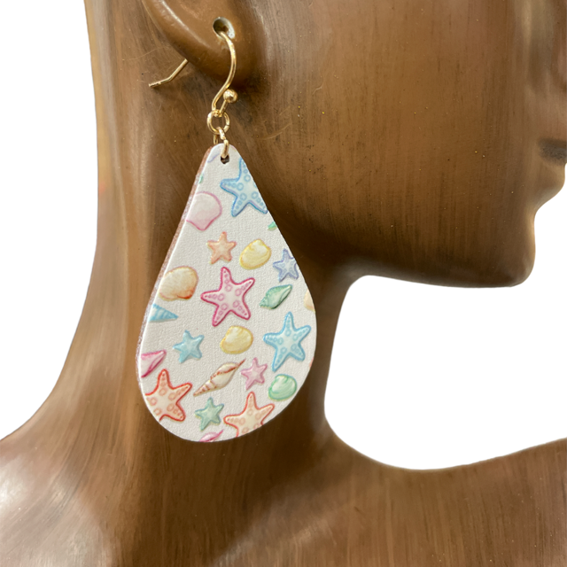 B8E2756  MULTI COLOR STARFISH WOODEN TEARDROP EARRINGS