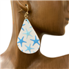 B8E2759-1 WHITE & BLUE STARFISH WOODEN TEARDROP EARRINGS