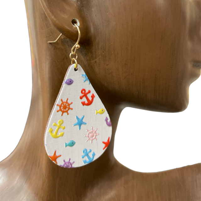 B8E2892-1 NAVY TEARDROP ANCHOR WOODEN EARRINGS