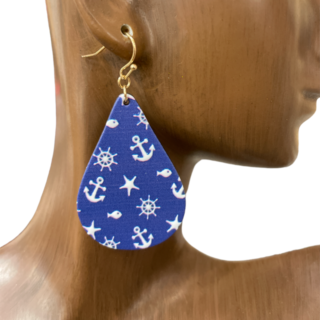 B8E2892 NAVY TEARDROP ANCHOR WOODEN EARRINGS
