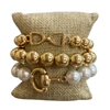 BB1040 PEARL & GOLD U PENDANT BEADED STRETCH BRACELET SET