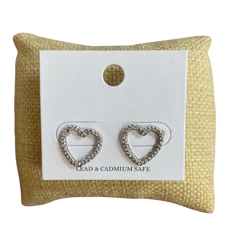 BE1925 RHINESTONE SILVER SMALL OPEN HEART STUD EARRINGS