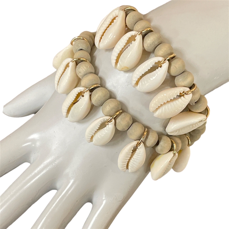 BJ6486 REAL SHELL & WOODEN BEADED BRACELET