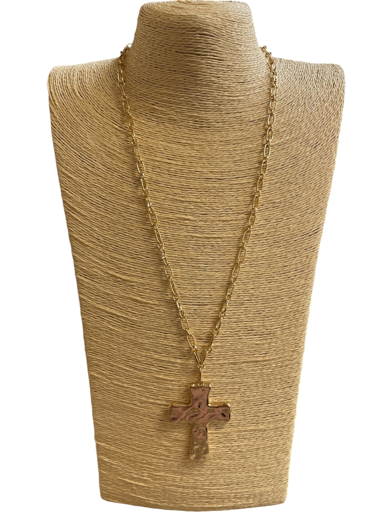BN1128 GOLD HAMMERED CROSS LONG NECKLACE