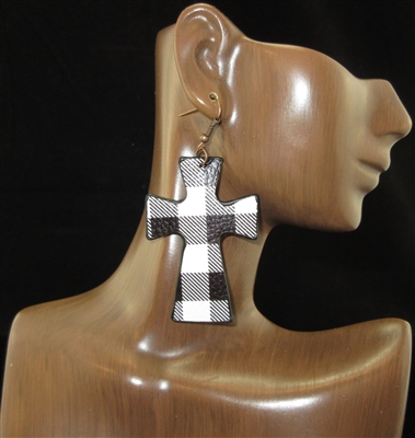 BPE04 BLACK & WHITE BUFFALO PLAID CROSS EARRINGS