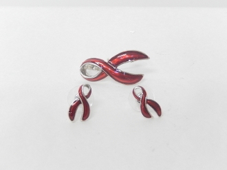 BR0789 Pink Ribbons  Earrings Brooch Set