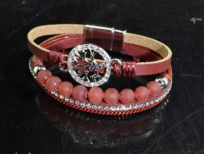 BR1001 BURGUNDY 3 LAYER RHINESTONE TREE OF LIFE BRACELET