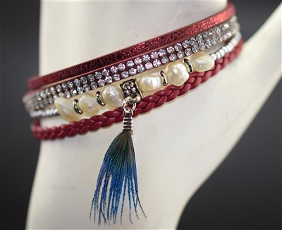 BR6400 4 Layer Rhinestone Feather RED Magnetic Bracelet