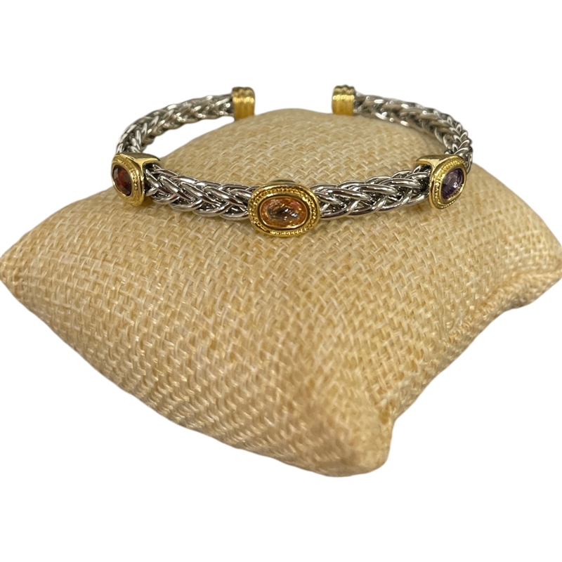 BR705  BRAIDED MULTI COLOR OVAL  STONES RHODIUM PLATED BRACELET