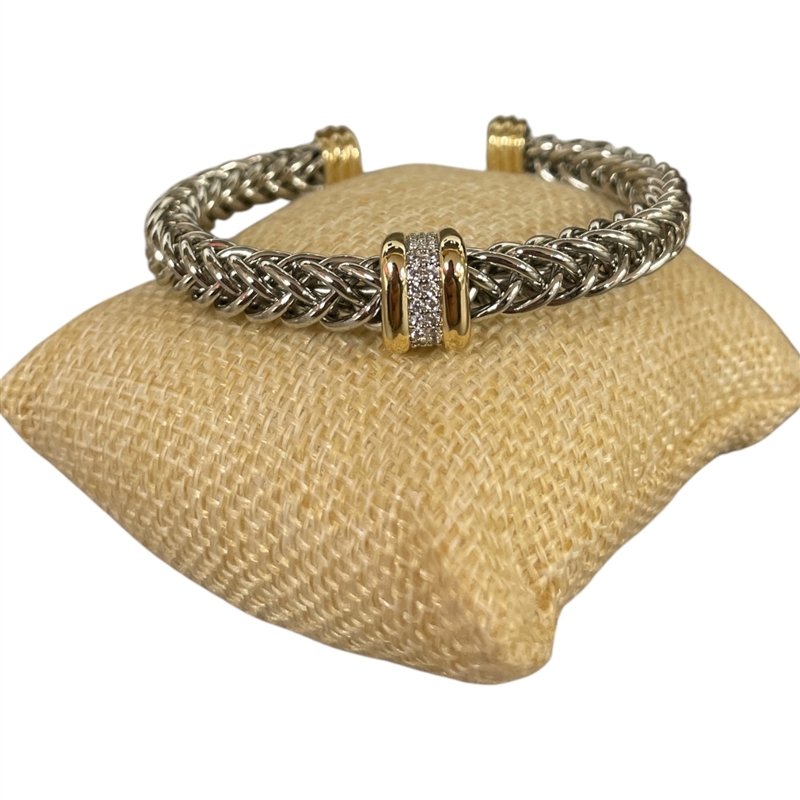 BR713  THICK TWO TONE BRAIDED RHINESTONE RHODIUM PLATED BRACELET