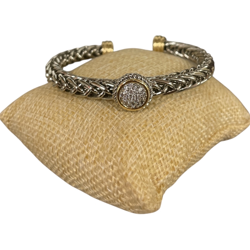 BR715  TWO TONE BRAIDED PAVE CIRCLE RHODIUM PLATED BRACELET