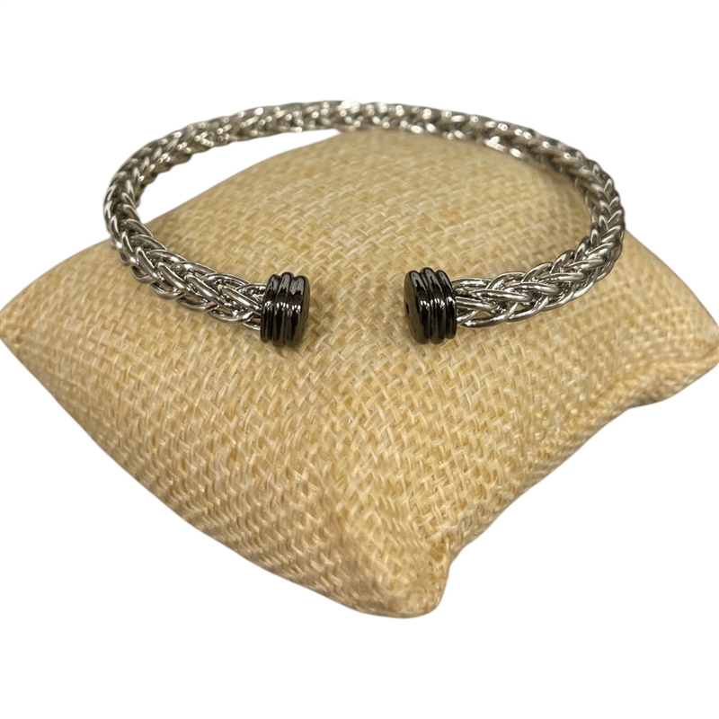 BR720 SILVER & HEMATITE  BRAIDED CUFF RHODIUM PLATED BRACELET