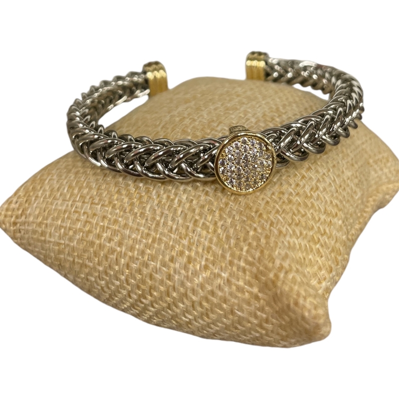 BR737  BRAIDED THICK CENTERED PAVE CIRCLE RHODIUM PLATED BRACELET