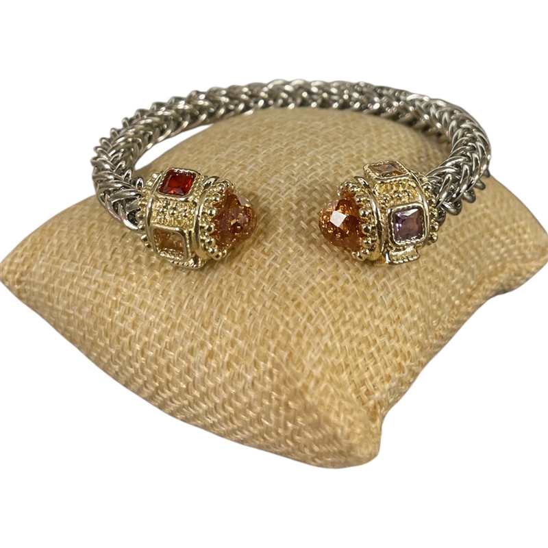 BR820 TOPAZ BRAIDED MULTI COLOR STONES RHODIUM PLATED BRACELET