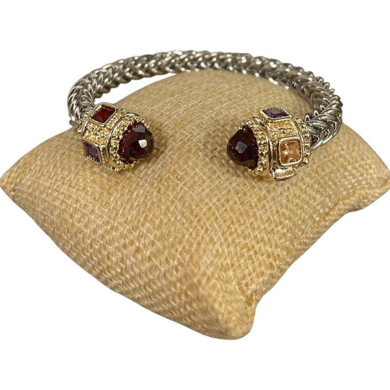 BR823 RED BRAIDED MULTI COLOR STONES RHODIUM PLATED BRACELET