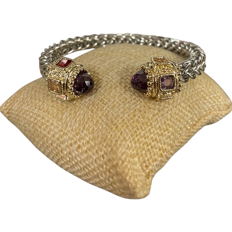 BR824 PURPLE BRAIDED MULTI COLOR STONES RHODIUM PLATED BRACELET