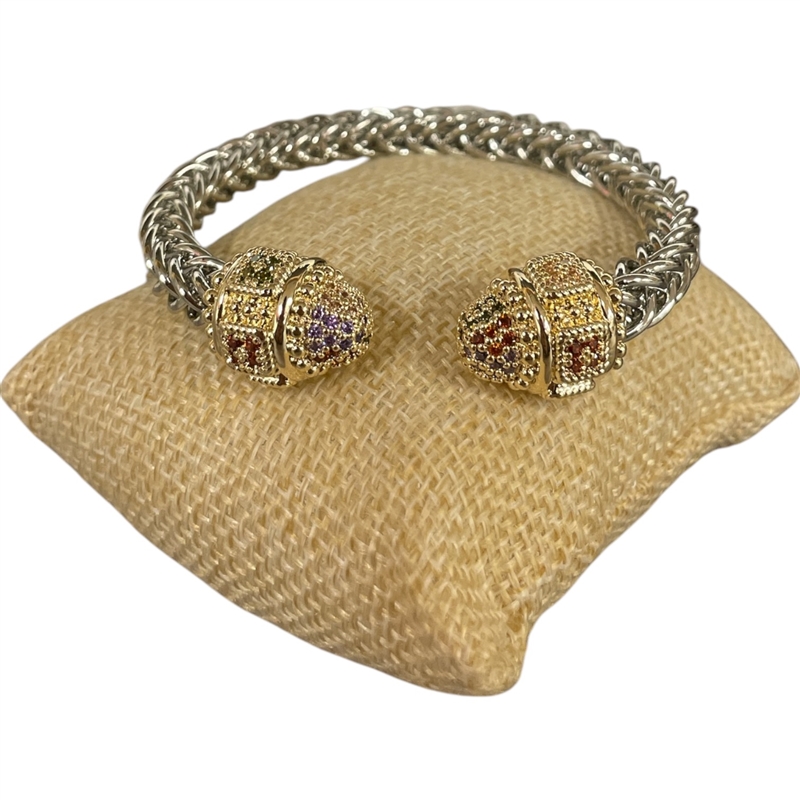 BR825 BRAIDED MULTI COLOR STONES PAVE RHODIUM PLATED BRACELET