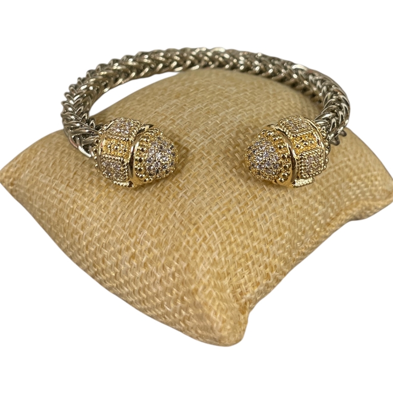 BR826 BRAIDED CLEAR STONES PAVE RHODIUM PLATED BRACELET