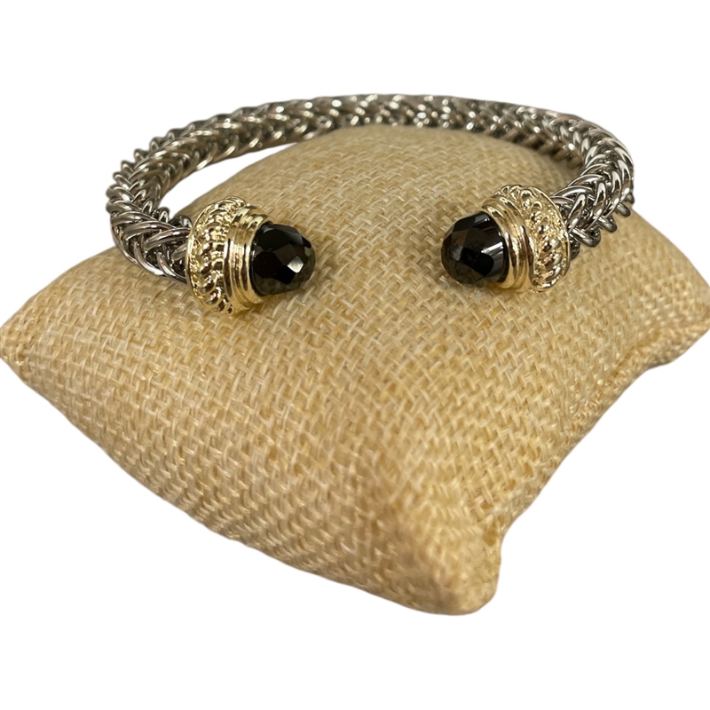 BR832 BLACK BRAIDED RHODIUM PLATED CUFF BRACELET