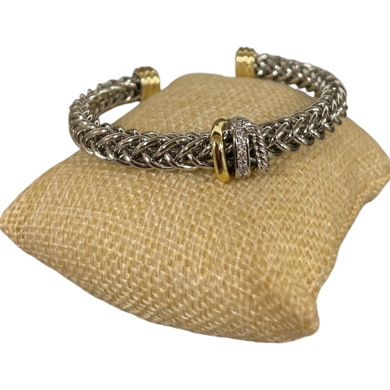 BR833 THICK BRAIDED RHINESTONE RHODIUM PLATED CUFF BRACELET