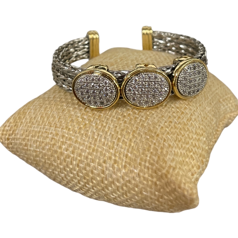 BR835 BRAIDED TRIPLE OVAL RHINESTONE RHODIUM PLATED CUFF BRACELET