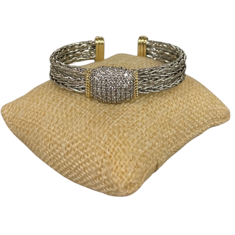 BR837 BRAIDED TRIPLE SINGLE OVAL RHINESTONE RHODIUM PLATED CUFF BRACELET