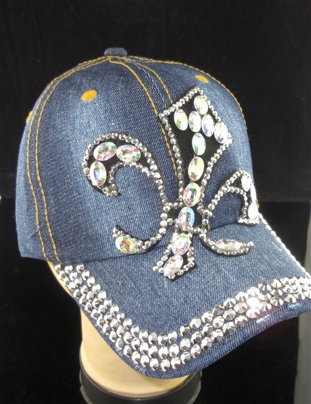 BRH26  DARK BLUE DENIM FLEUR DE LIS RHINESTONE HAT