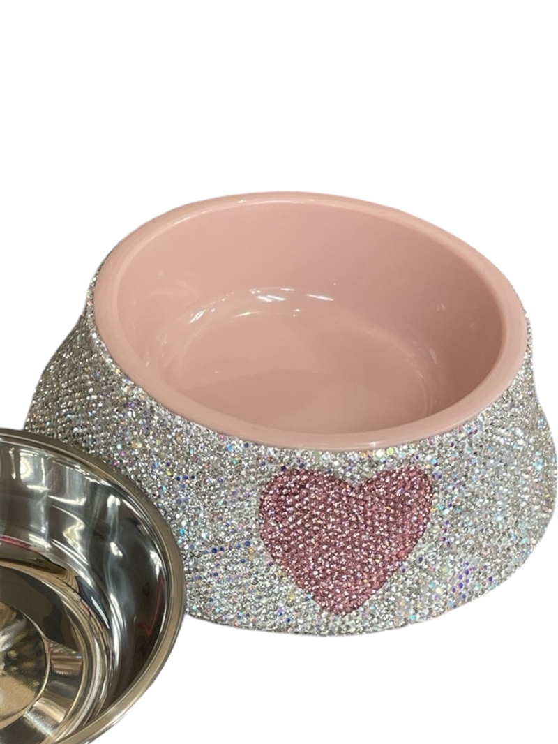 BW16SP  PINK HEART IN CENTER RHINESTONE PET BOWL