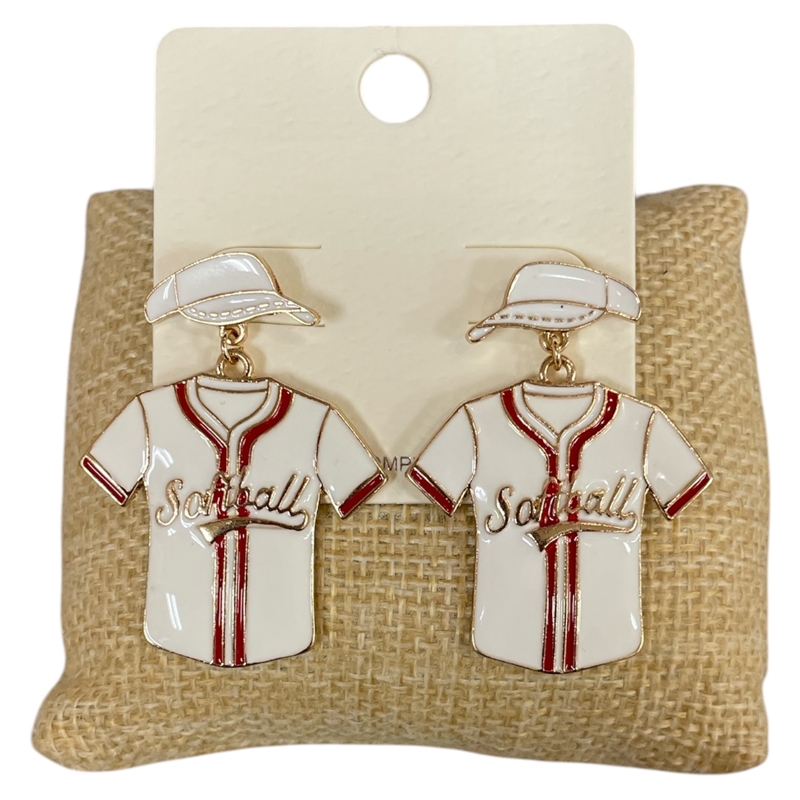 C1E2236R  RED WHITE SOFTBALL EARRINGS