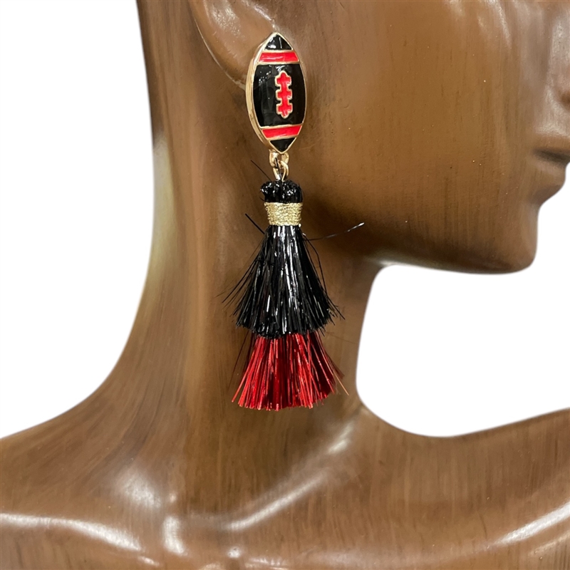 C1E2253 RED BLACK FOOTBALL TASSEL EARRINGS