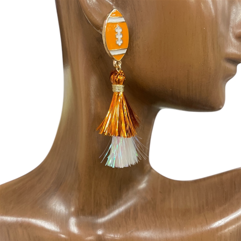 C1E2253O  ORANGE WHITE  FOOTBALL TASSEL EARRINGS