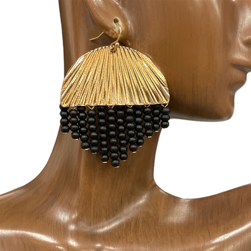 C1E2558  GOLD &  WOODEN TASSEL EARRINGS