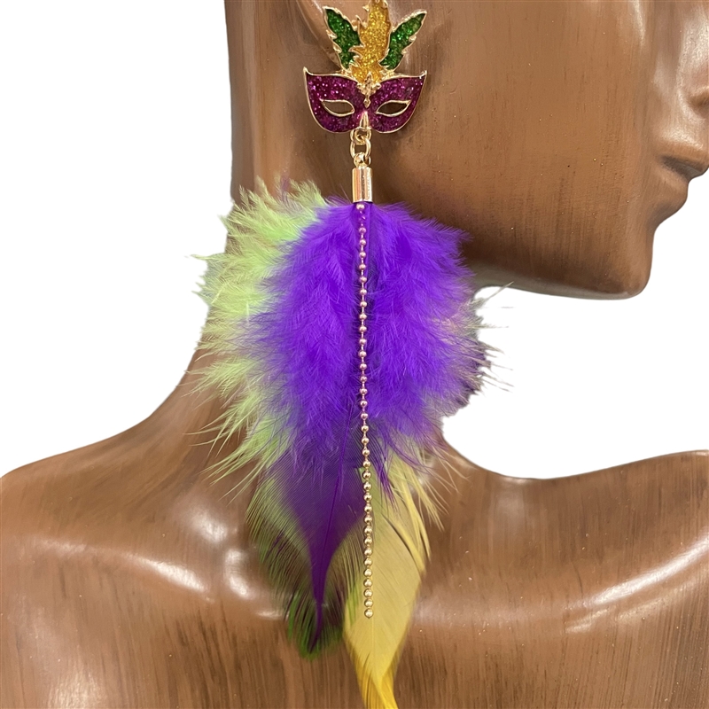 C2E2154  MARDI GRAS FEATHER EARRINGS