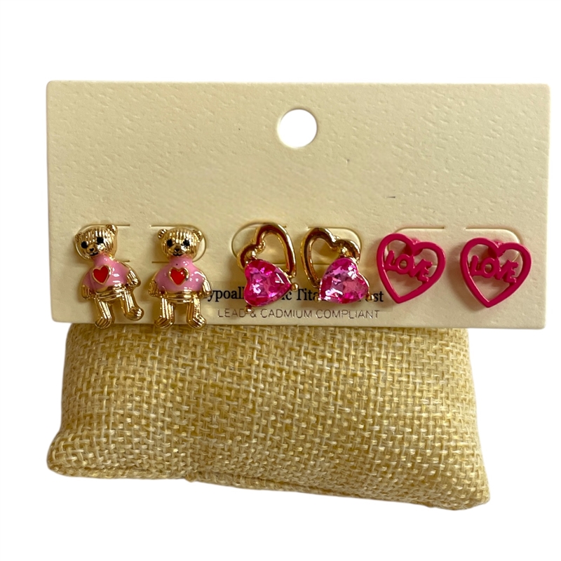 C3ES2822   TEDDY & HEART  3PC SET  EARRINGS