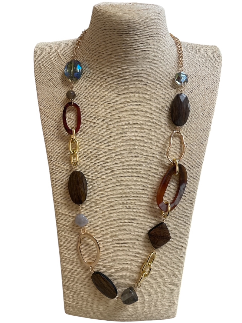 C49B  GEOMETRIC ACRYLIC BROWN LONG NECKLACE