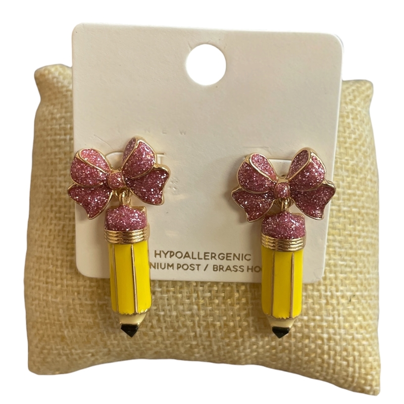 C4E2379Y YELLOW PENCIL & PINK BOW STUD EARRINGS