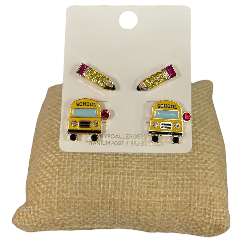 C4ES2382 SCHOOL BUS  & PENCIL 2PCS SET EARRINGS