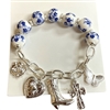 C5B2395  BLUE FLORAL SILVER HEART CHAIN BRACELET