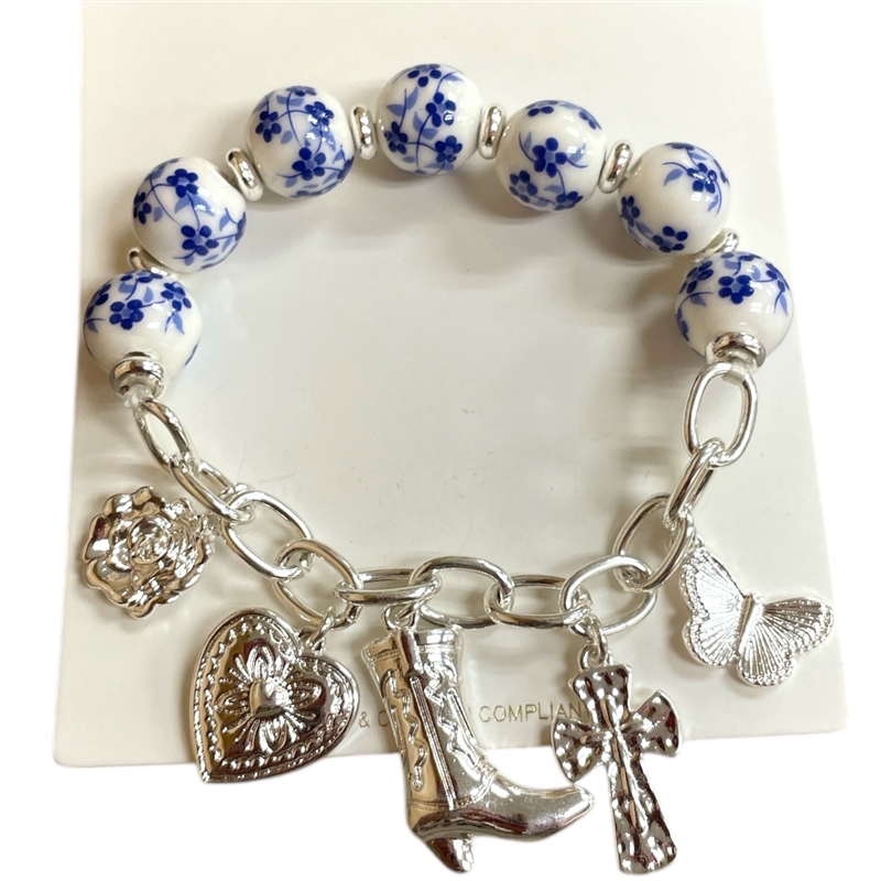C5B2395  BLUE FLORAL SILVER HEART CHAIN BRACELET