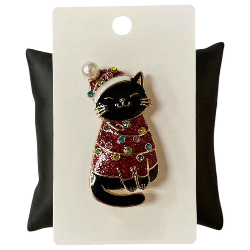 C5BRH2034 CHRISTMAS BLACK CAT PIN BROOCH