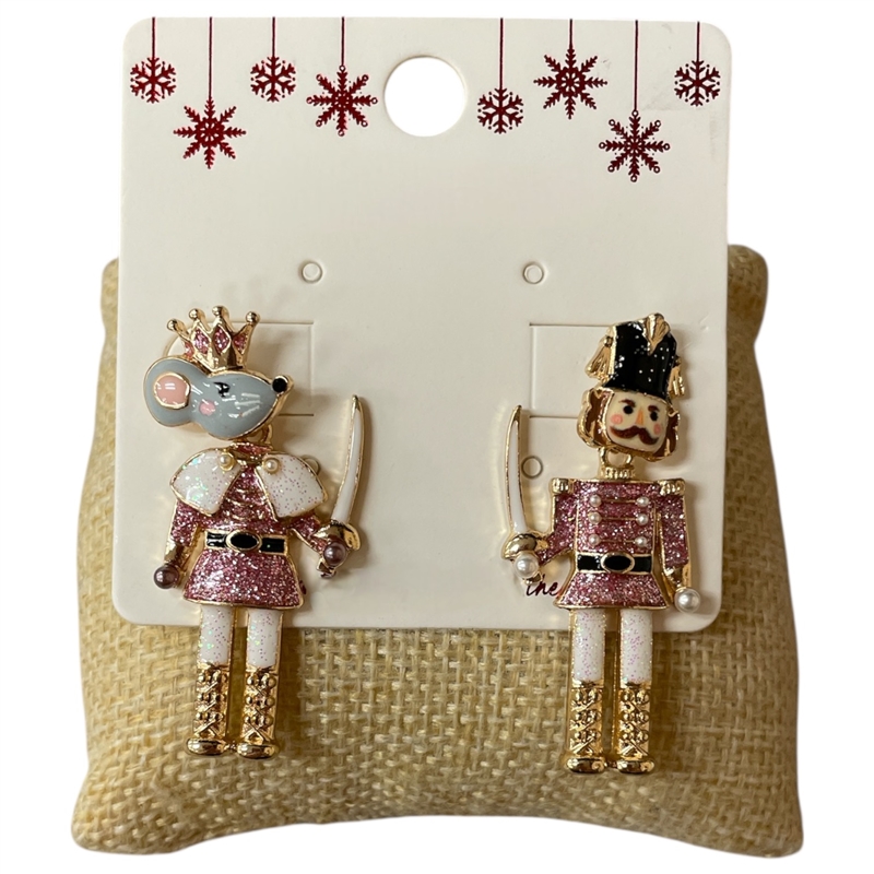 C5E2064 PINK NUT CRACKER & KING MOUSE EARRINGS