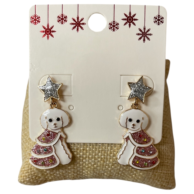 C5E2072 WHITE AND PINK PUPPY CHRISTMAS  EARRINGS
