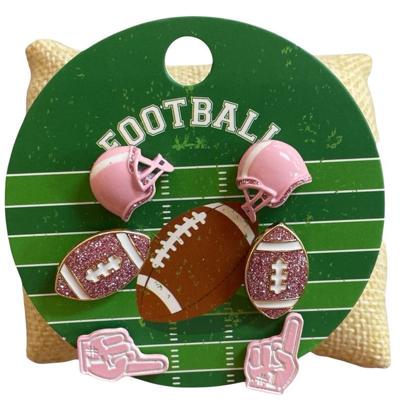 C5ES2268 PINK FOOTBALL 3 PAIR STUDS EARRINGS