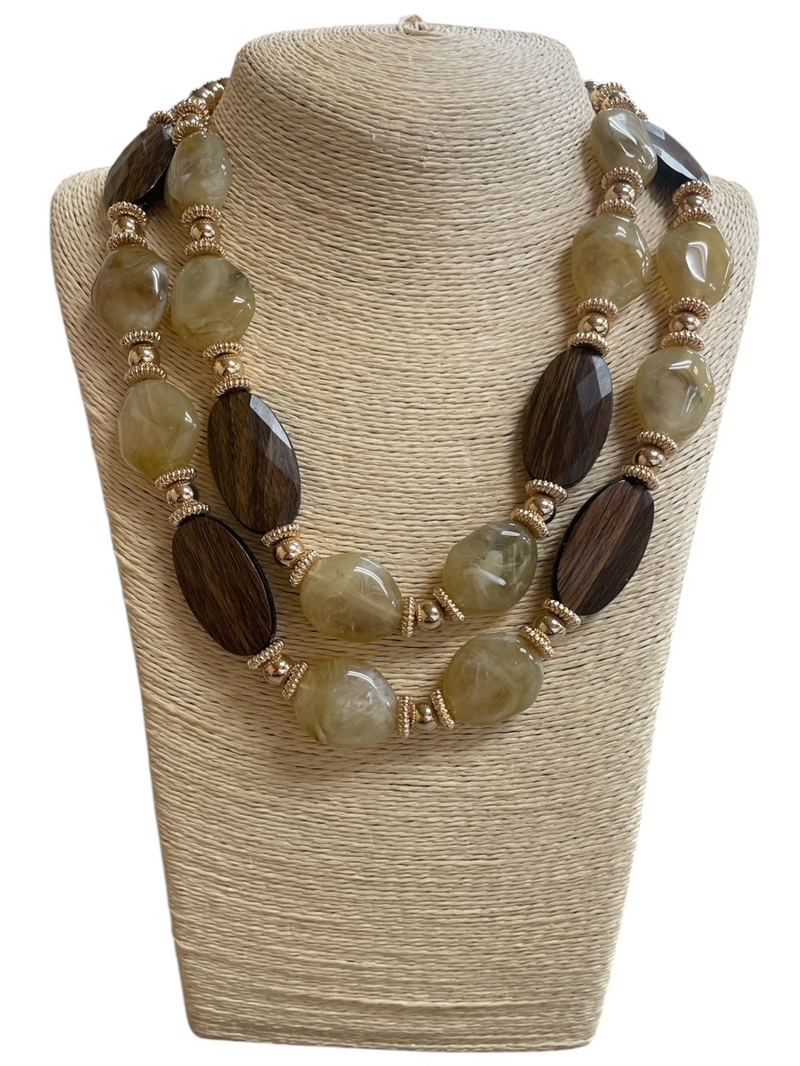 C66B  BROWN WOODEN & ACRYLIC CHUNKY NECKLACE