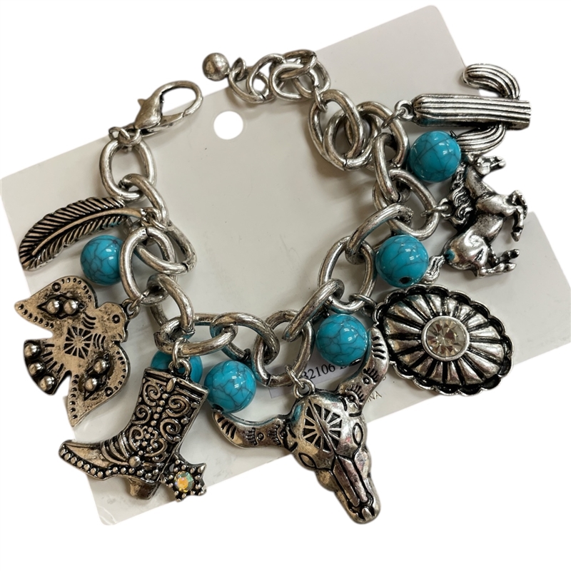 C6B2106 TURQUOISE  & SILVER COWGIRL CHARMS  BRACELET