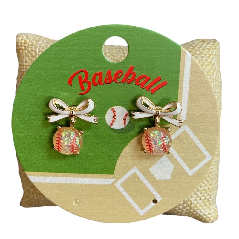 C6E2426 WHITE BOW BASEBALL DROP STUD EARRINGS