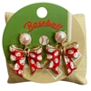 C6E2437 RED BASEBALL BOW DROP POST DANGLE EARRINGS